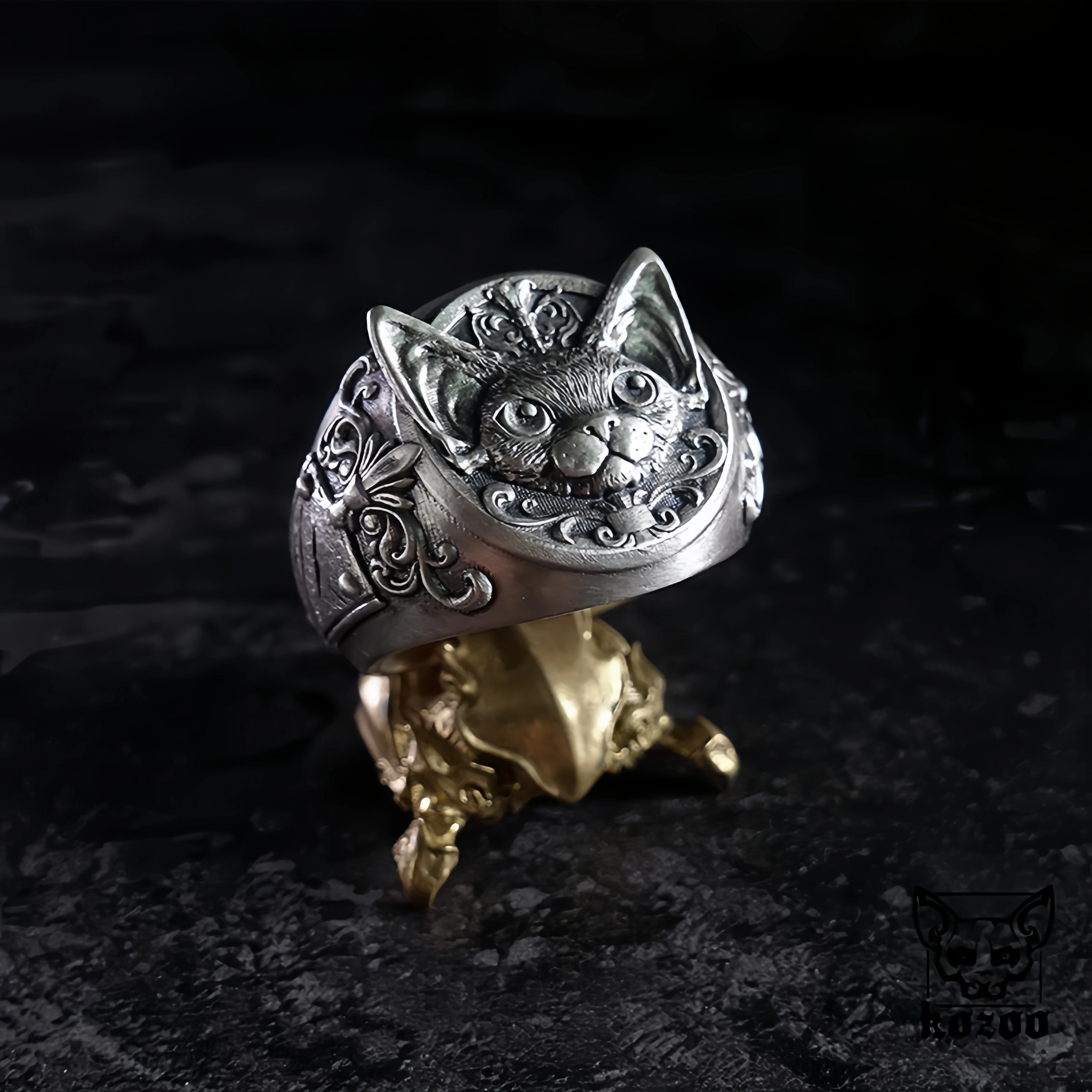 Retro Devon Rex Katze verstellbarer offener Ring für Männer versilbertes Kupfer Gothic Punk Edgy Schmuck Kätzchen Zubehör süßes Geschenk