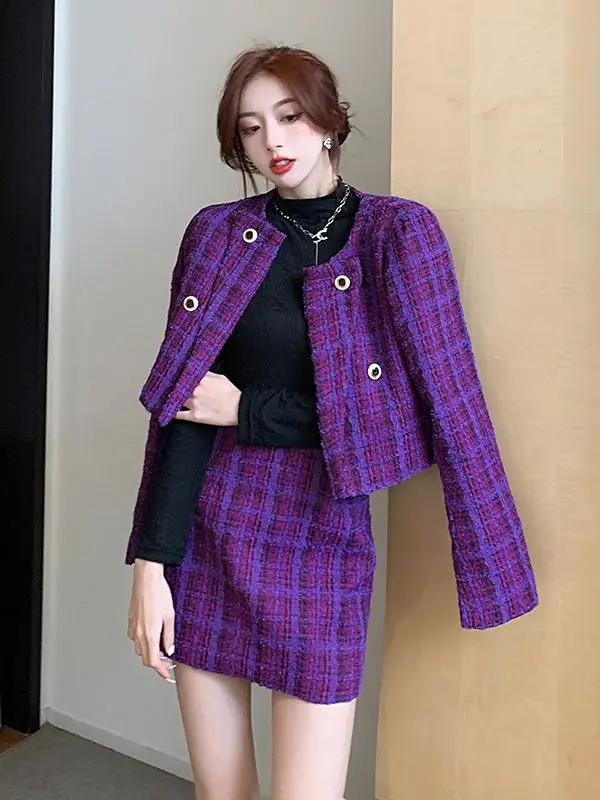 

Spring Fall Woman Tweed Fashion Two Piece Set Plaid Double Breasted Long Sleeve Cropped Top Jacket+High Waist Mini Skirt Suit