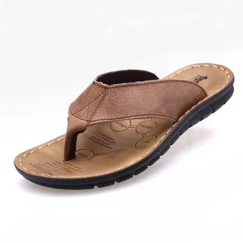 Summer Shoes Men Slippers Genuine Leather Mens Flip Flops Flat Mens Sandals Holiday Non-slip Black Khaki A673