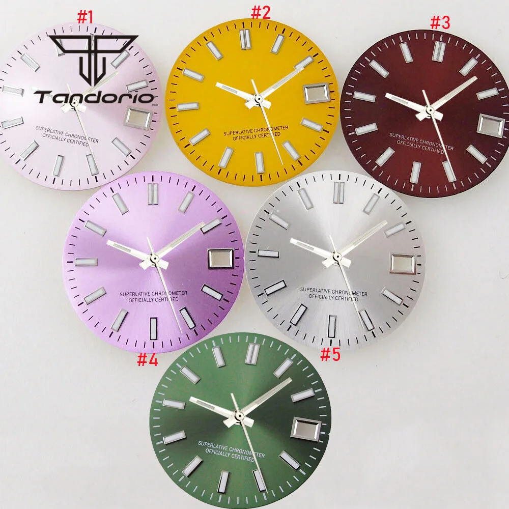 

28.5mm Pink/Purple/Yellow Watch Sunburst Dial Face Date Window Baton Markers Silver Hands Set Fit NH35 NH36 Automatic Movement