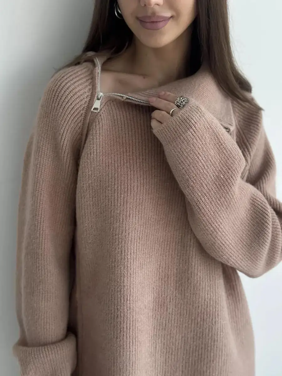 Knit Zipper Women's Pants Sets For Women Slim Lapel Long Sleeve Pullover And Patchwork Straight Legg 2 Piece-Set Winter