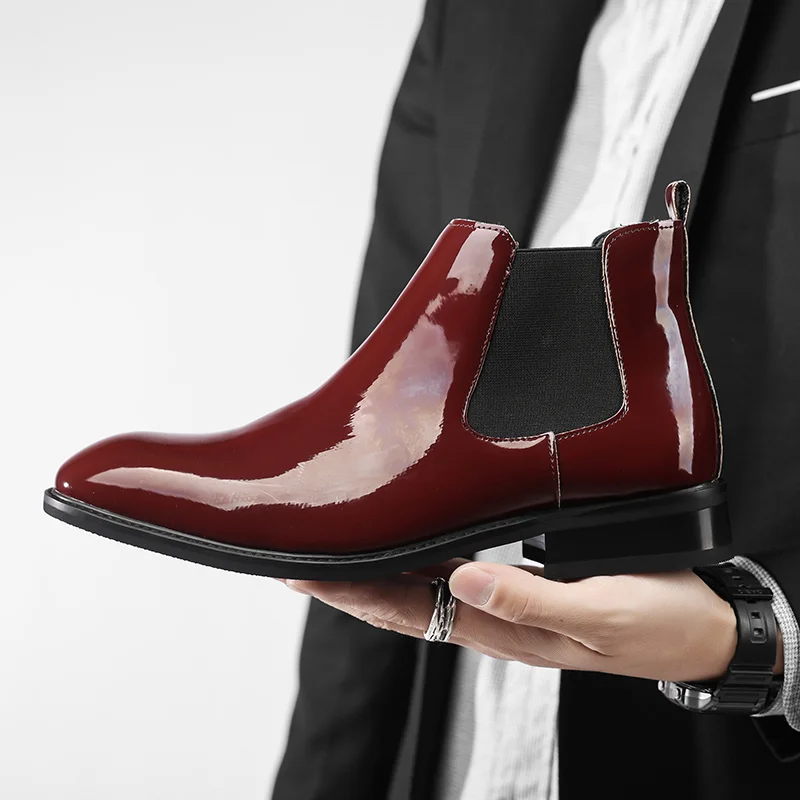Chelsea Boots for Men Patent Leather Black Buckle Ankle Round Toe Business Classic Handmade Men Short Boots Botas De Hombre