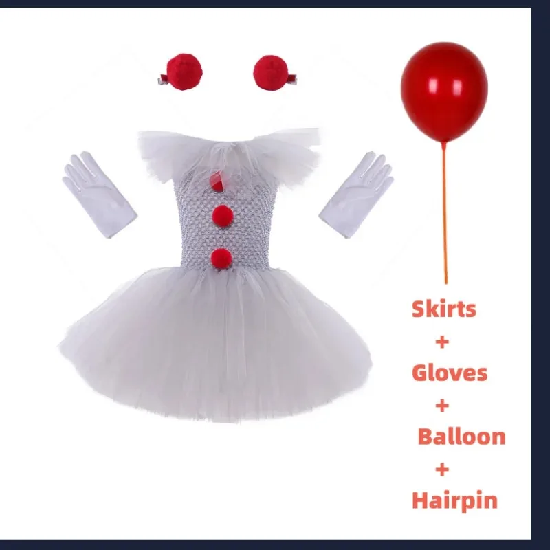 Halloween Girls Pennywise Tutu Dress Kids Cosplay Scary Gray Clown Costume Girl Carnival Party Dress Up Clothing