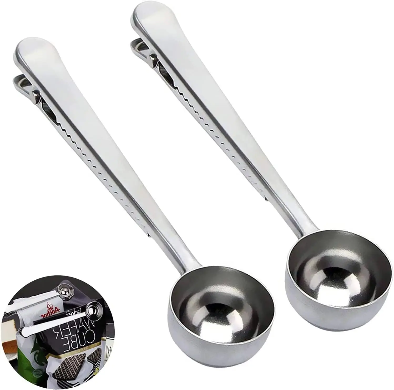 

2PCS Coffee Scoop Clip Stainless Steel Tablespoon Coffee Spoon With long handle Multifunction Sealing Bag Clip For Tea, Coffee