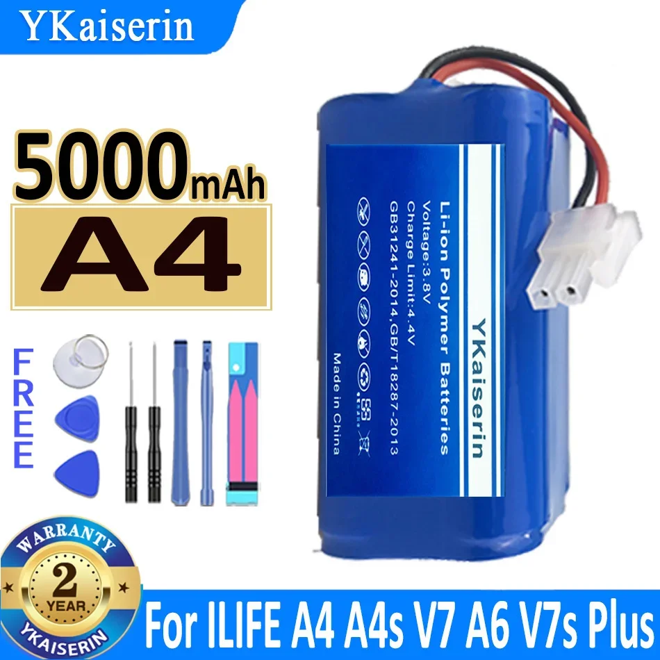

5000mAh YKaiserin Battery A4 For ILIFE A4 A4s V7 A6 V7s Plus V7sPlus Robot Vacuum Cleaner For ILife 4S 1P Full Capacity Bateria
