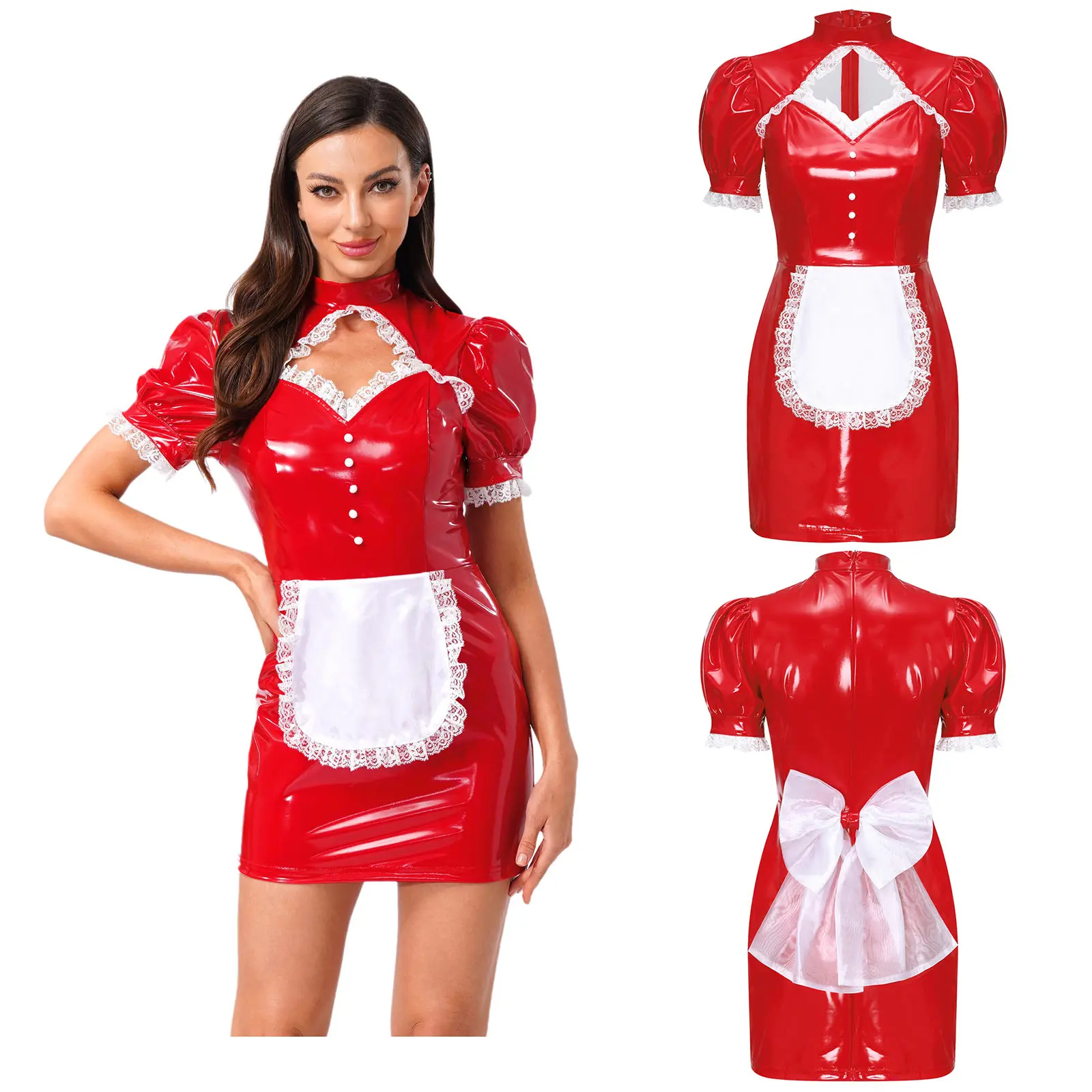 Womens Maid Cosplay Costume Sexy PU Leather French Bodycon Dress Sweet Lolita Maidservant Waitress for Halloween Party Costume