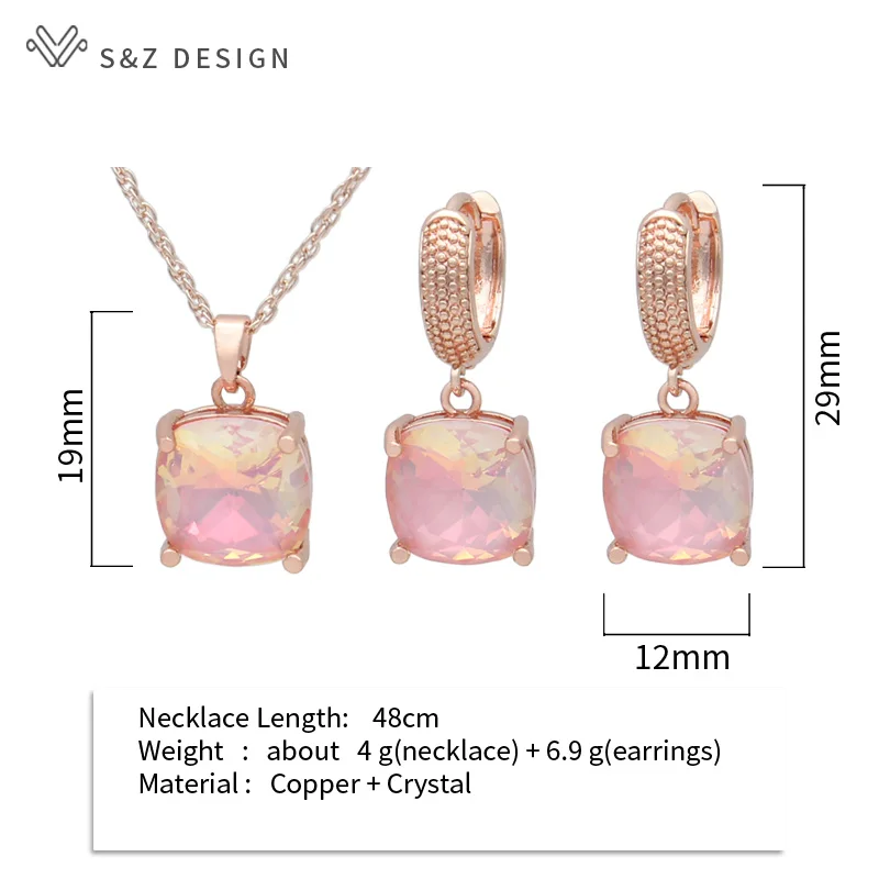 S&Z DESIGN New Fashion 585 Rose Gold Color Square Crystal Dangle Earrings Jewelry Sets For Women Wedding Pendant Necklace Gift