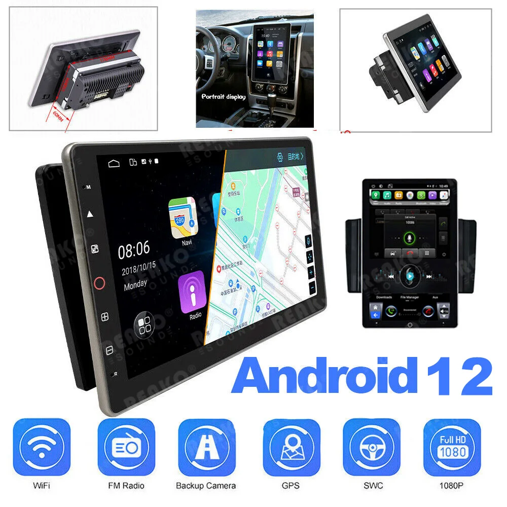 

REAKOSOUND Universal 2 Din CarPlay Rotatable Screen Android 12 Heat Unit Car Radio 10" Intelligent Systems Multimedia Player