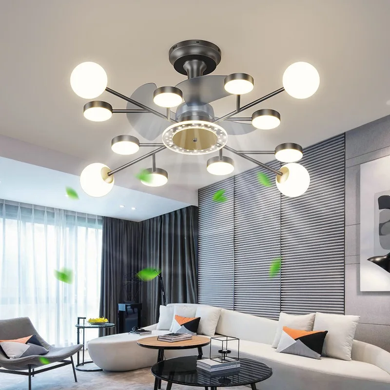 

Room Ceiling Fans With Lights LED Nordic Sky Star Living Silent Bedroom Lamps Intelligent Infinite Dimming With Pendant Lighting