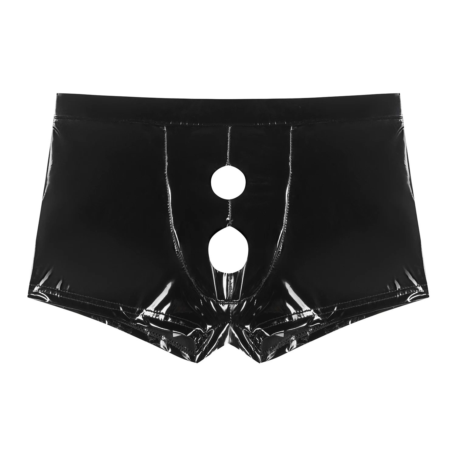 Mens Sexy Below Open Crotch Boxer Shiny Leather Lingerie Underpants Elastic-wasit Male Short Latex Pants Bulge Pouch Crotchless