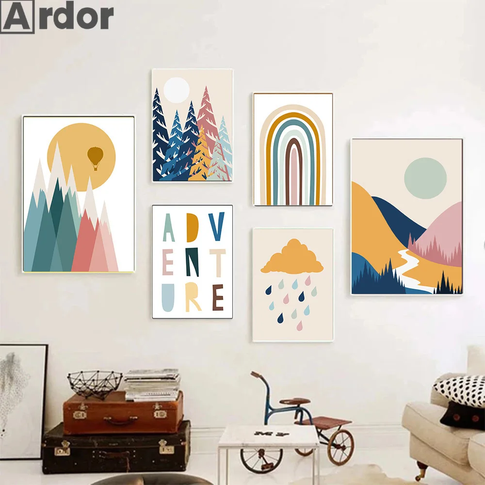

Boho Abstract Landscape Poster Rainbow Sun Print Mountain Forest Canvas Painting Wall Art Pictures Living Room Home Decoration