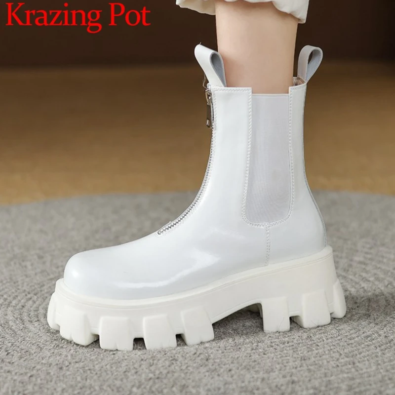 

Krazing Pot Cow Leather Round Toe Thick High Heels Chelsea Boots Platform Basic Modern Simple Style Neutral Zipper Ankle Boots
