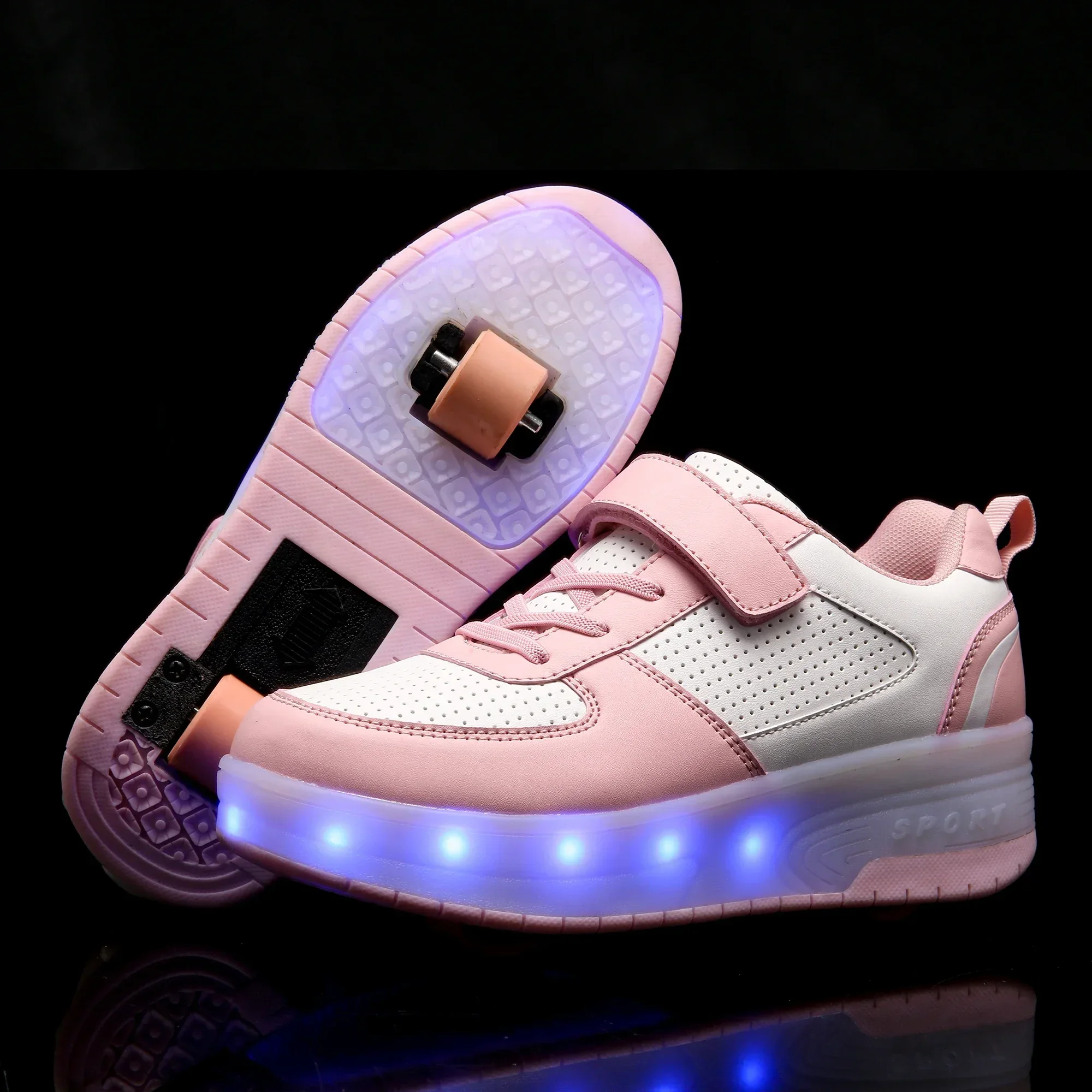 Children&rsquo;s Two Wheels Luminous Glowing Sneakers Heels Pink Led Light Roller Skate Shoes Kids Led Shoes Boys Girls USB Charging roller skates