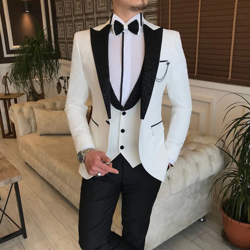 White Wedding Blazer Men Suits Single Breast Black Peak Lapel Formal Occasion Slim Fit Prom Outfits 3Piece Jacket Pants Waiscoat