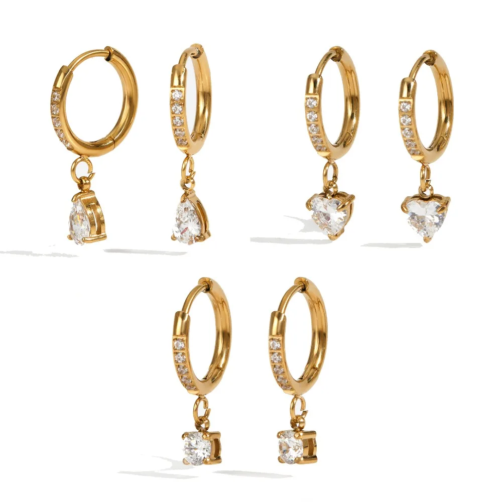316l Stainless Steel Circle Round Hoop Earrings Heart Waterdrop Crystal Pendant Sparkling Zircon Huggie Earring Classic Jewelry