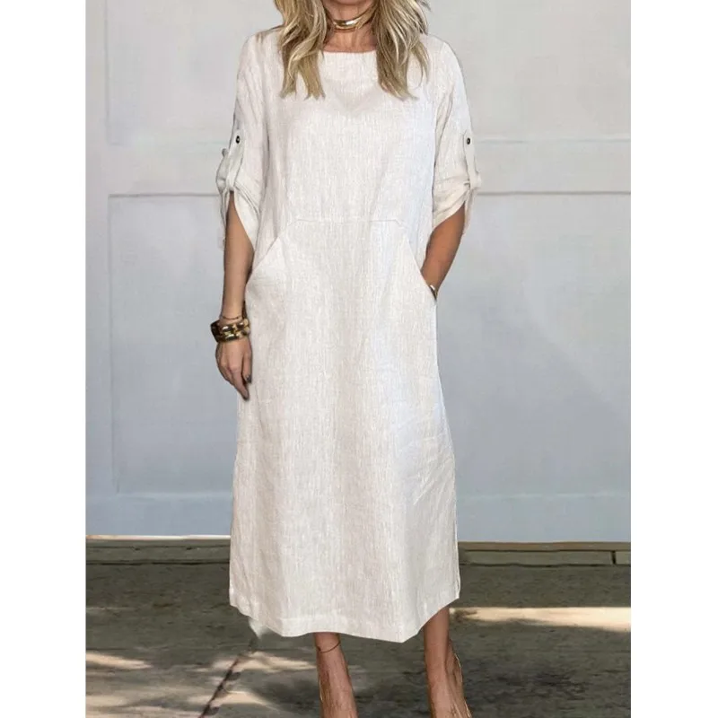 

Summer New Cotton Women's Dress Fashionable Solid Loose Short Sleeve Garden Neck Pocket White Medium Length Dresses Elegant