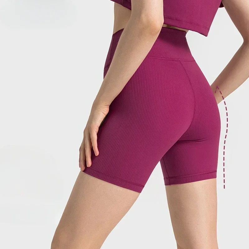 Lemon Women Yoga Fitness Shorts Ribbed Fabric Cross High Waist Gym Shorts Workout Running Gym Tights Sporty Shorts
