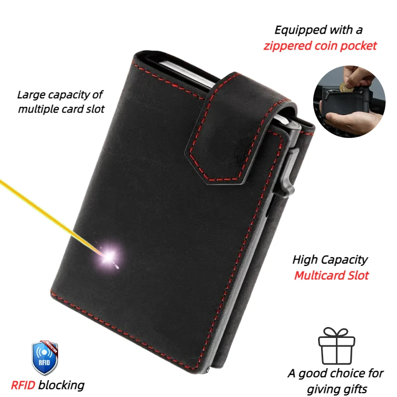 YATBEST Men&rsquo;s Card Bag RFID Anti Theft Brush Anti Magnetic Tape Zipper Change Bag Aluminum Automatic Pop Up Credit Card Clip, id credit card holder