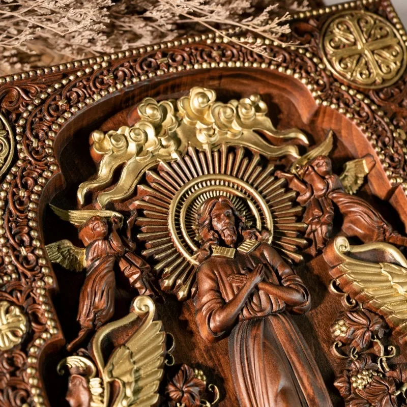 Chinese Jesus Christ Icon of Ascension Wooden Jesus and Lion Home Living Statue