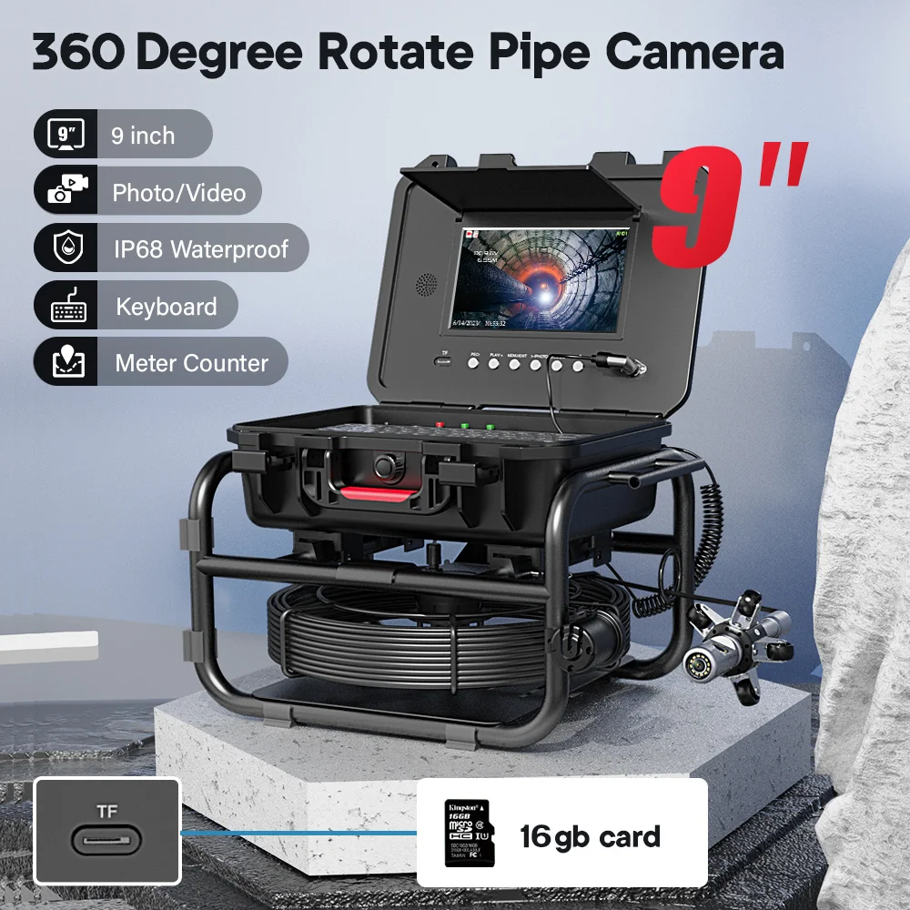 512HZ 송신기가 있는 하수관 검사 카메라, 7mm 듀얼 렌즈, 9 인치 IPS, 1080P, 360 도 회전 DVR 녹화 및 계량기 카운터