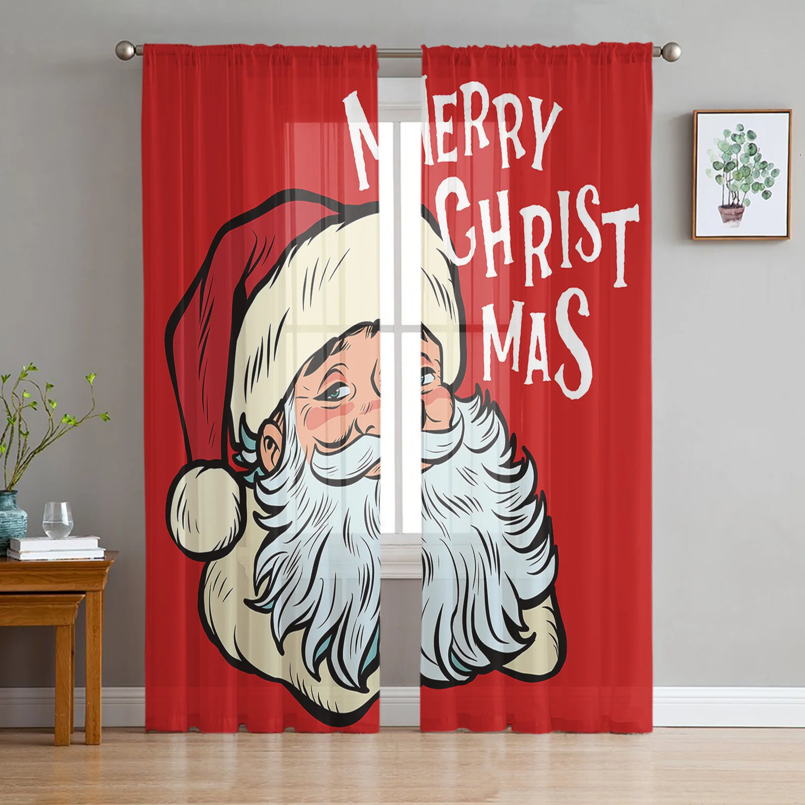 

Christmas Santa Claus Red Window Tulle Curtains for Living Room Kitchen Christmas Home Decor Sheer Voile Curtains