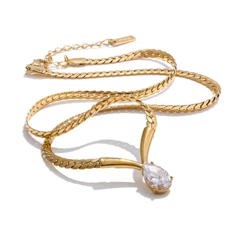 Stainless Steel High Quality Polished Chain Cubic Zirconia Statement Necklace Real Gold PVD Plated Fashion Shiny Jewelry 7