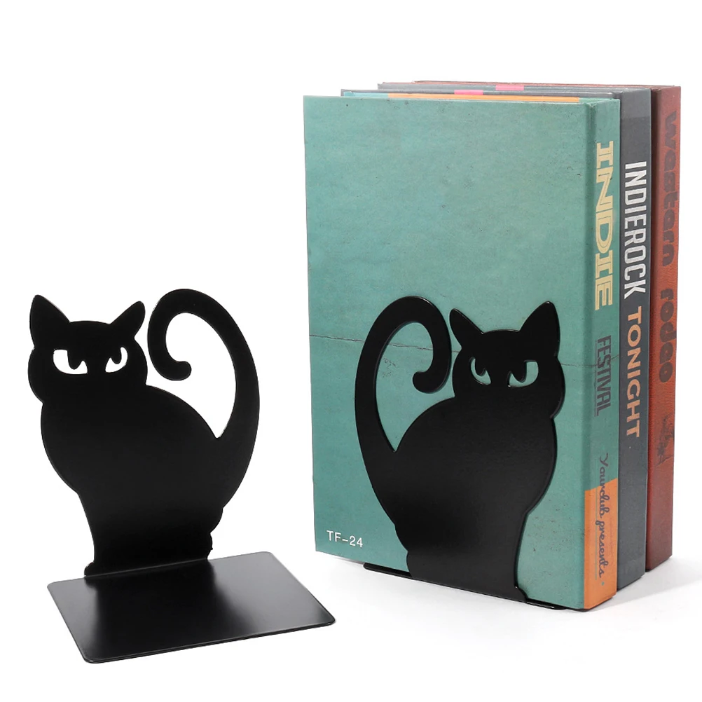 2pcs Black Cat Bookend File Stands Desktop Non-skid Bookshelf Ends Organizer Reading Metal Bookends Holders Decorative Iron