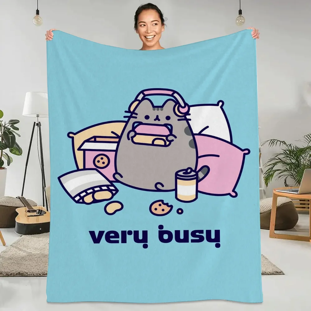 Pusheen 극세사 침구 무릎 담요, 킹 사이즈 푹신하고 부드러운 담요, 캐릭터 홈 인테리어 비치 타올, 니트 격자 무늬