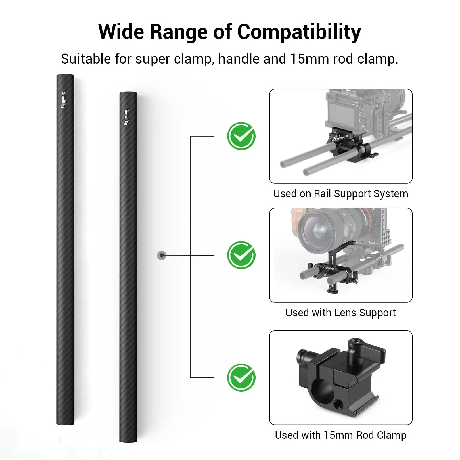 SmallRig 15mm Carbon Fiber Rod, 6", 2-Pack W/Baseplate With Dual 15mm Rod Clamp