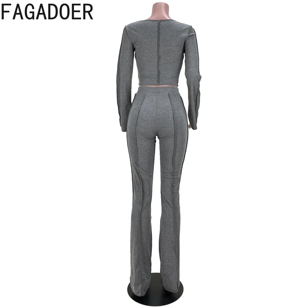 FAGADOER Autumn Winter Solid Ribber Two Piece Sets Women Round Neck Long Sleeve Top + Skinny Pants Outfits Casual Home 2pcs Suit