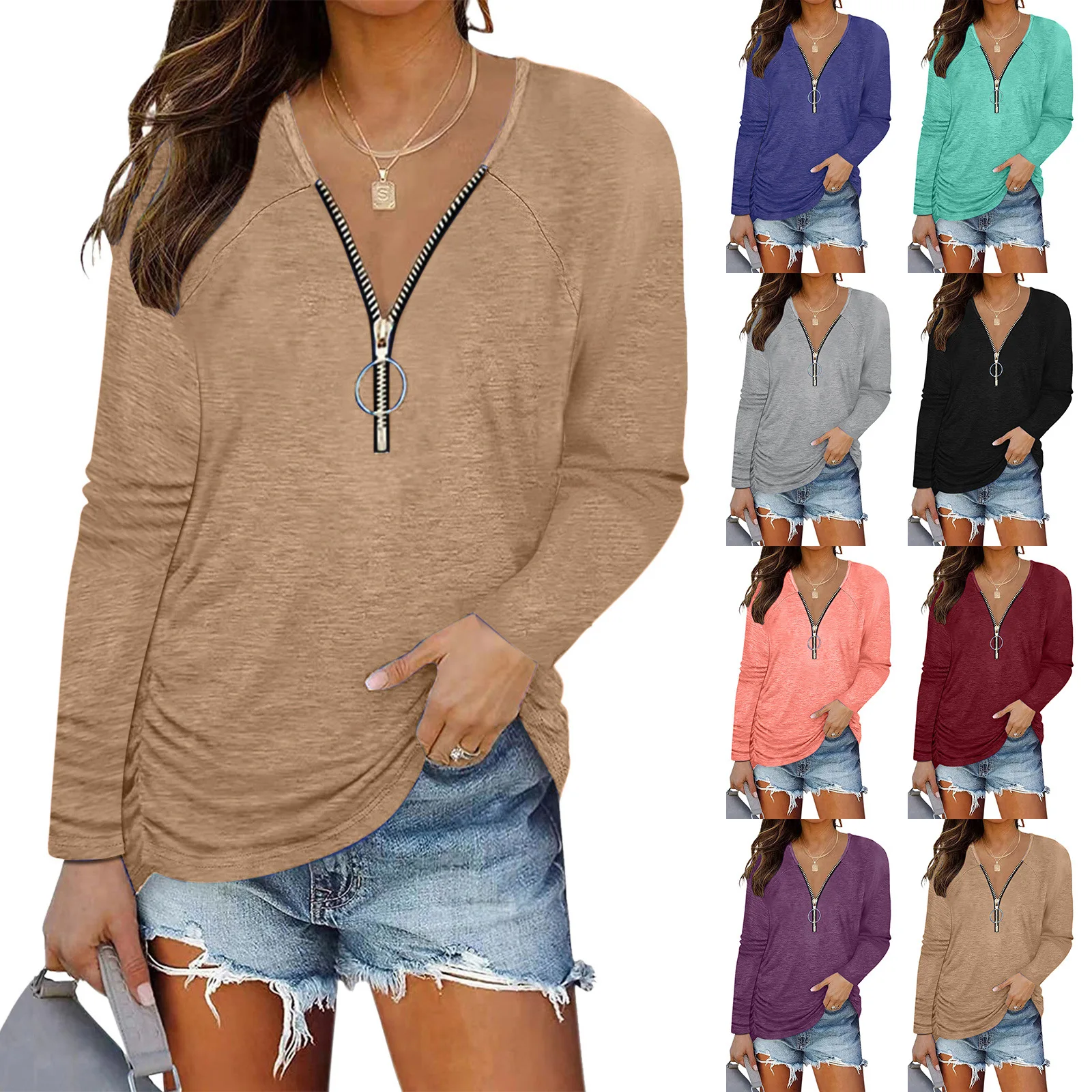 

Women's autumn winter new chest zipper pleated casual long sleeve T-shirt top women fashion commuting versatile solid color base