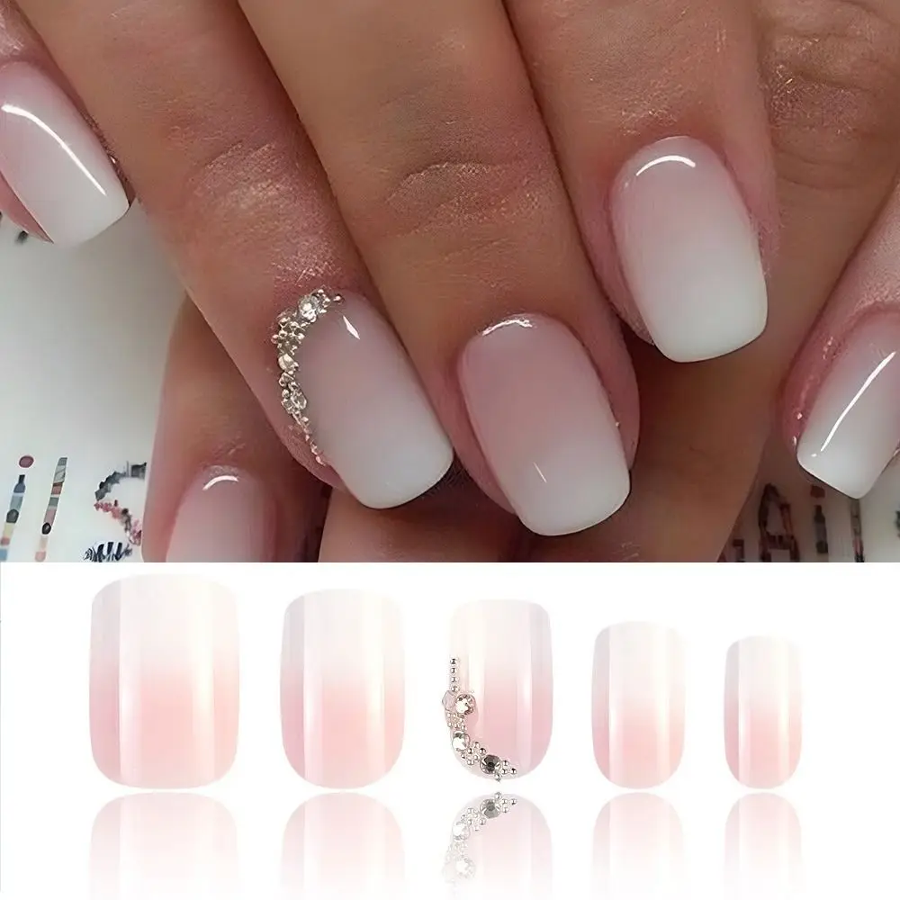 Fashion Long Square False Nails French Light Pink Gradient Fake Nials Full Cover Detachable Press on Nails DIY
