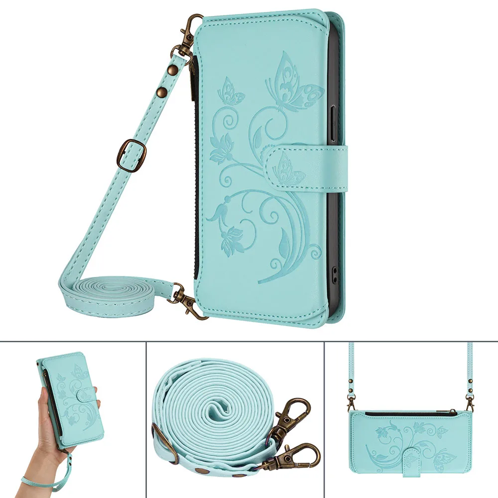 Zipper Wallet Flip Case with Multi-Card Slots and Strap - Stylish Phone Cover