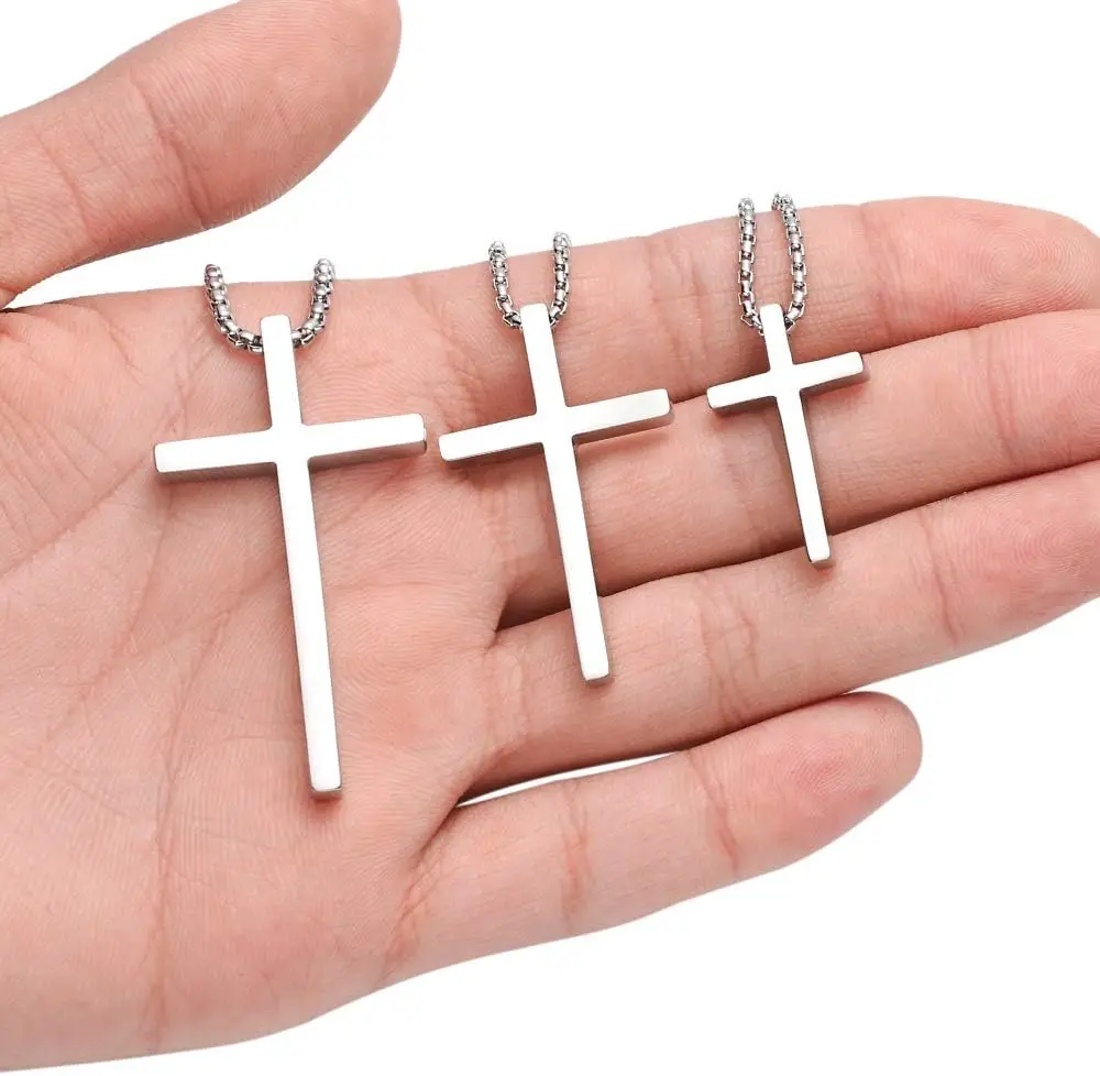 Unisex Stainless Steel Cross Pendant Necklace - Silver, Black, or Gold with 24 Box Chain