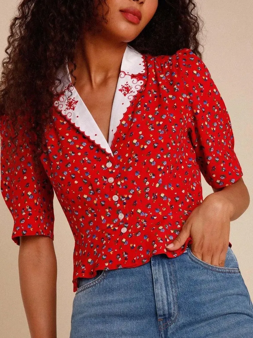 

Women Shirt Floral Print Embroidery Notched Single Breasted Short Sleeve Holiday Blouse