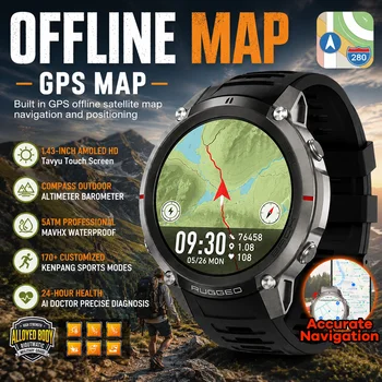 Nuovo Smartwatch Militare da Esterno per Uomo con GPS Offline Integrato, Bussola, Impermeabile 5ATM, Chiamate BT, 170+ Modalità Sportive, Display AMOLED