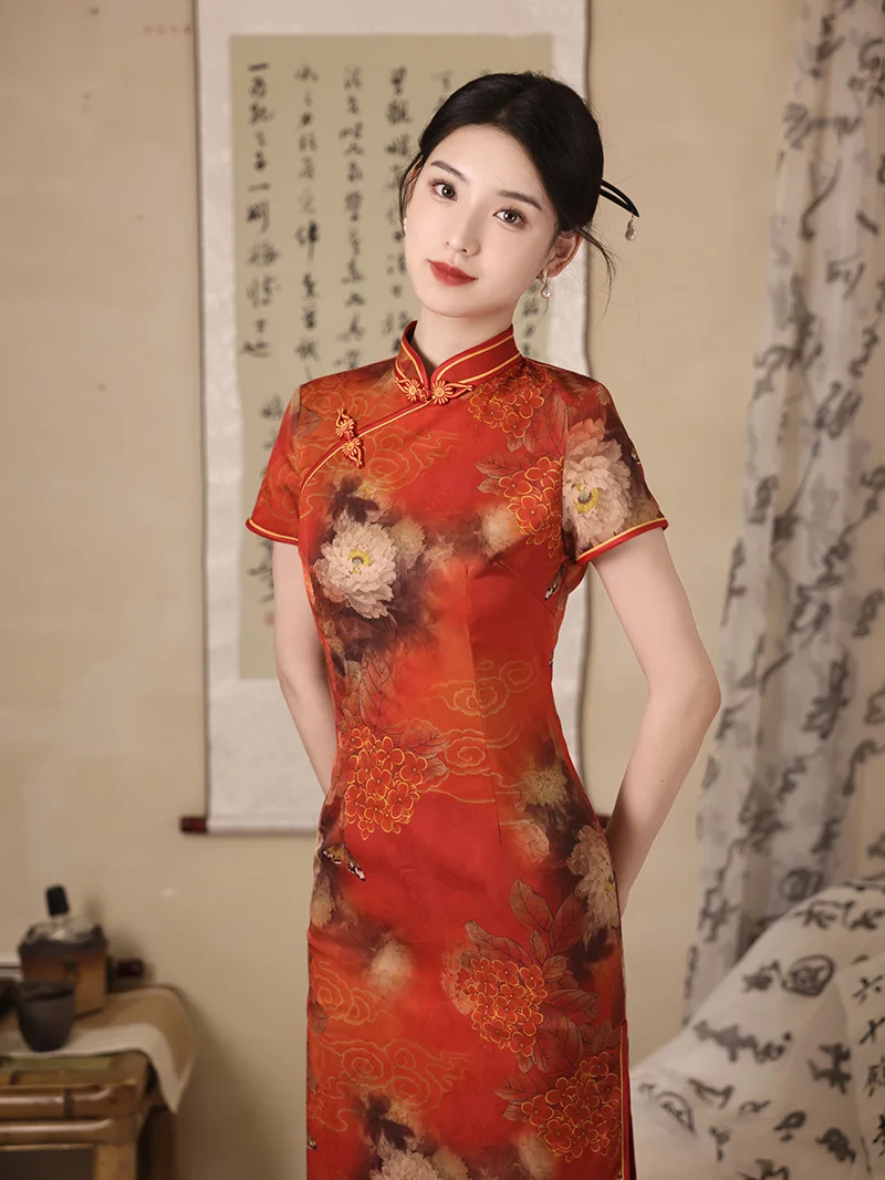 

Women Chinese Style Short Sleeve Toast Cheongsam Traditional Satin Red Floral Print Retro Prom Party Long Qipao