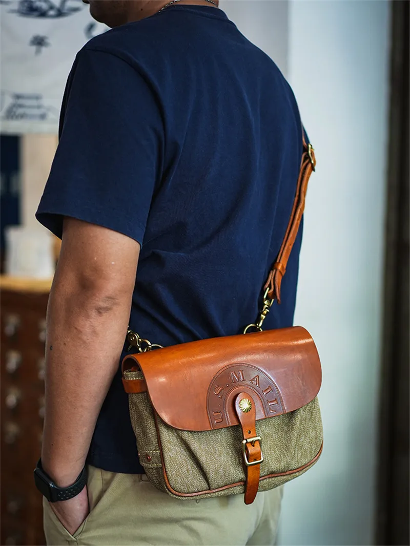 Mode vintage hohe qualität leinwand echtem leder männer umhängetasche lässig designer luxury real rind schulter crossbody-tasche – Detail 2