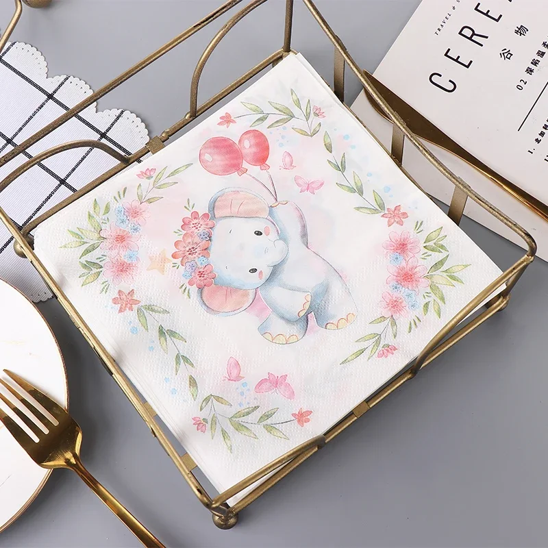 

20pcs/pac 2-Ply Party Tissue Paper Color Napkins Printed Pure Wood Pulp Cartoon Cute Little Elephant Food Grade Paper Towel