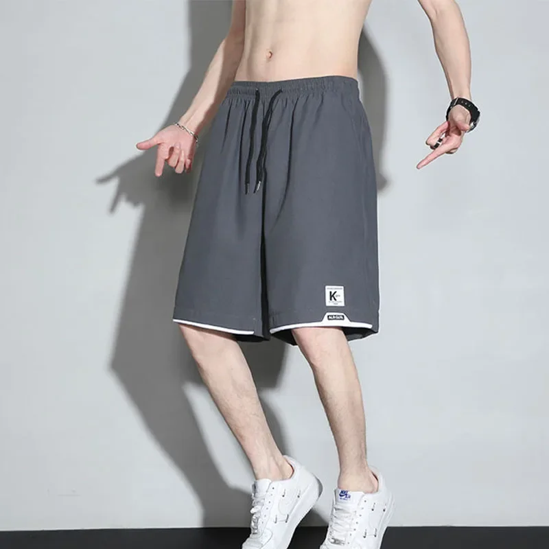 Summer Casual Versatile Loose Sports Shorts Men Panelled Elastic Waist Drawstring Patchwork Pockets Straight Five-Point Pants