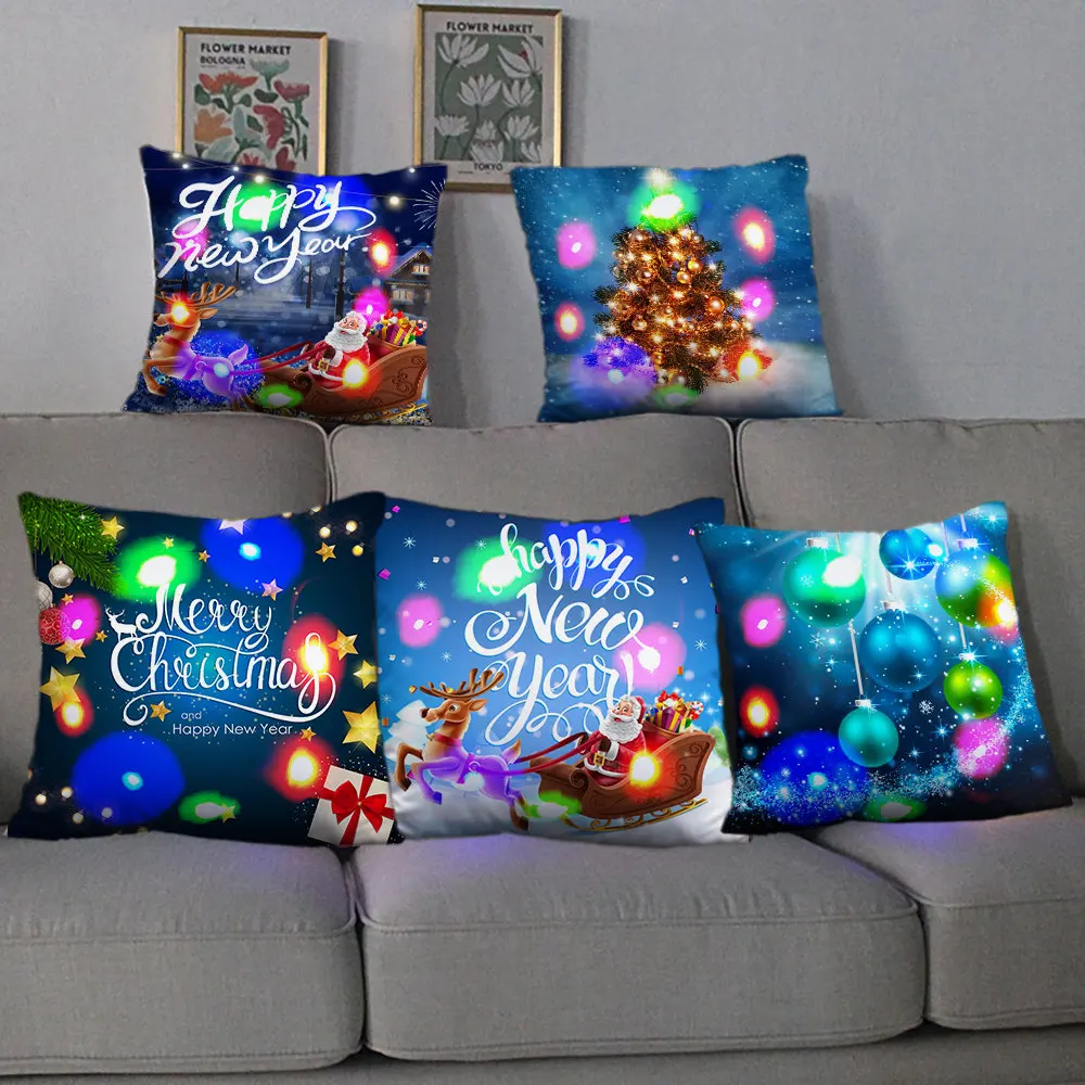

40 Style New Year 2023 Christmas Decorations For Home Santa Claus 45x45cm LED Light Cushion Cover Ornaments