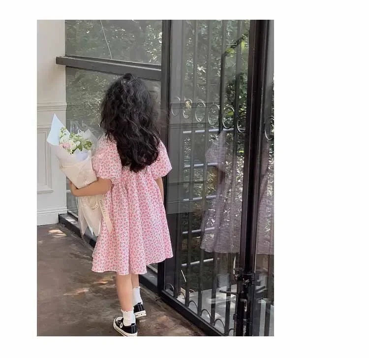 Mädchen Freizeit kleider Blumen druck Puff ärmel Kleid Blumen mädchen Kleider quadratischer Kragen Kleidung für Kinder 3 bis 7 Jahre – Detail 7
