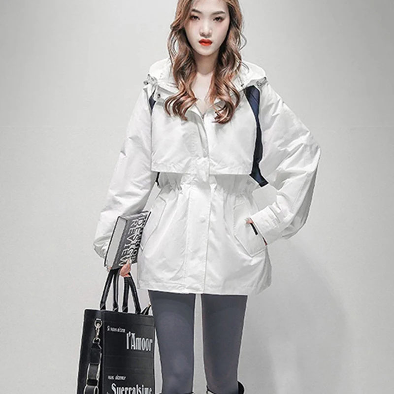 

2023 New Women's Mid Length Hooded Windbreaker Jacket Spring Women's European Fashion Zipper Streetwear Jacket Coats Autumn