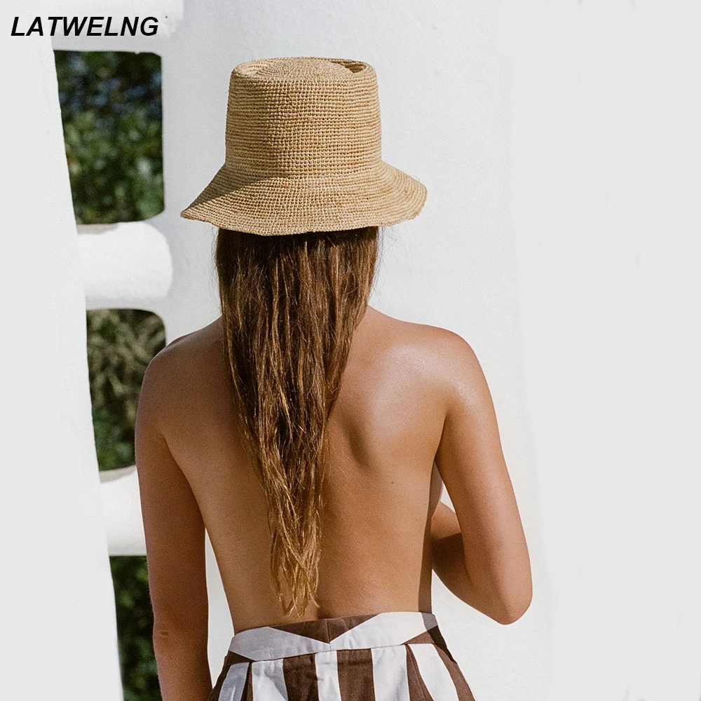 

2024 New Raffia Bucket Caps For Women Handmade Crochet Sun Hat Summer Straw Beach Hats Foldable
