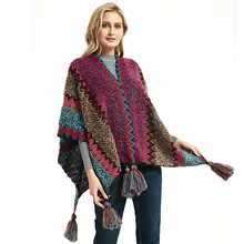 

CHENKIO Women's Zig-Zag Knit Tassel Fringed Pullover Poncho Sweater Cape Shawl Wrap