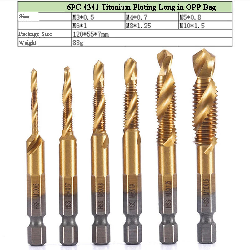 L-FIRST 6pcs Tap Drill Bit Hex Shank Titanium Plated HSS Screw Thread Bit Screw Machine Compound Tap M3 M4 M5 M6 M8 M10 Tools best hand planer Hand Tools