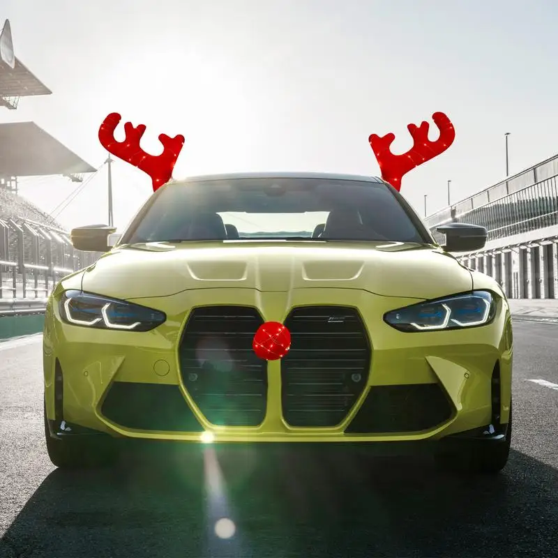 Décorations Voiture Noël Renne Rudolf - Bois 43 Cm, Nez Rouge 15 Cm, Queue 43 Cm - Pour Calandre, Vitres, Coffre - Pour Voiture, SUV, Van