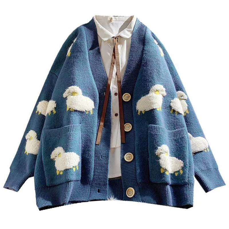 

2023 New Women Long Sleeve Oversized Sweater Cardigan Sheep Button Down Knitwear for JACKET Coat Outerwear with