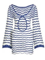 Sexy Boho Striped Chic V-neck Cut Out Bell Sleeve Knit Dress 2025 Summer Women Seaside Holiday Mini A-Line Dress K123 - Image 5