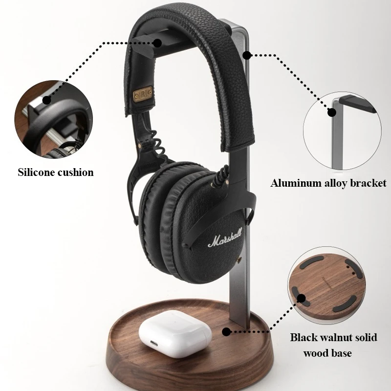 Walnut Wood Headphone Stand With Aluminum Base - Desktop Headset Holder With Storage Tray